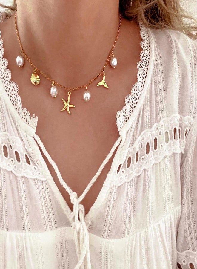 Sanyaa Charm Necklace for Women Pearl Starfish Seashell 14k Gold Summer Beach Surfer Jewelry Necklace Gifts (Mermaid Tail) - Image 2